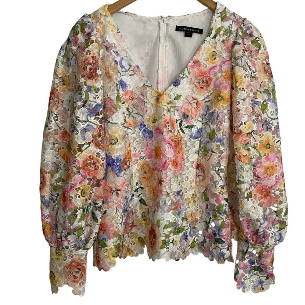 Boston Proper Womens Floral Puff Sleeve Eyelet Lace blouse Small Dainty Cottage
